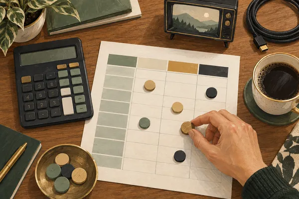 A calculator, budget worksheet and miniature television on a warm wooden desk