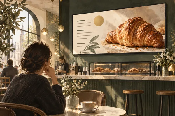 A cafe customer views a clear display featuring a golden croissant