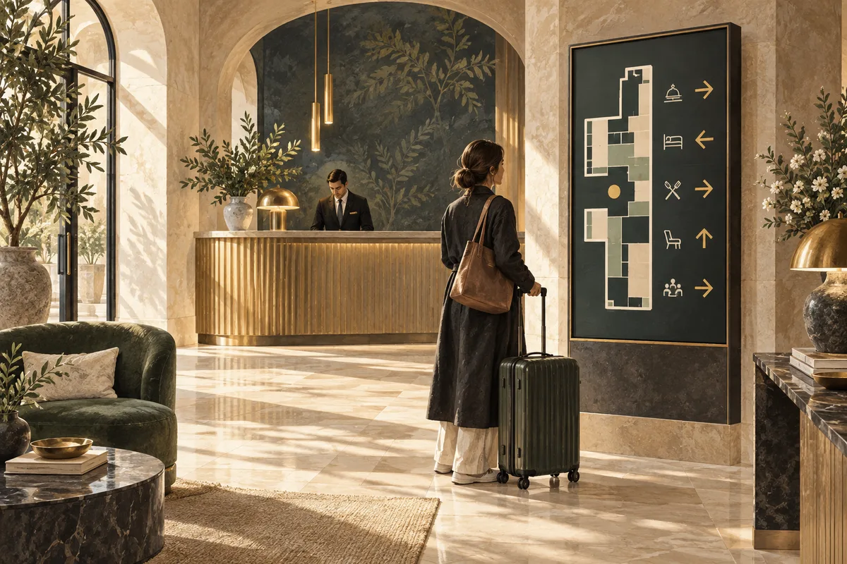 A traveller consults a digital wayfinding display in a boutique hotel lobby