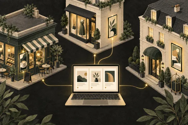 A cafe, shop and hotel share coordinated content from a central dashboard