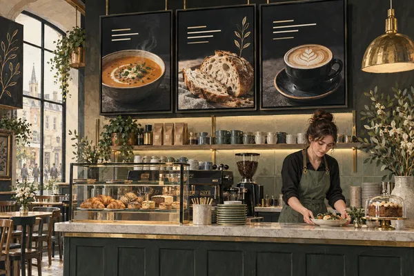 A welcoming cafe counter with three elegant digital menu boards