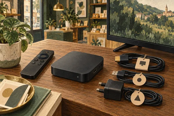 A compact media player, remote and neatly arranged cables on a shop desk