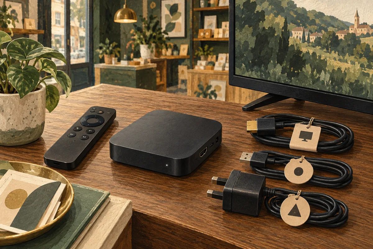 A compact media player, remote and neatly arranged cables on a shop desk