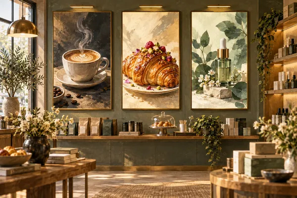 Three coordinated display panels show coffee, pastry and a botanical product
