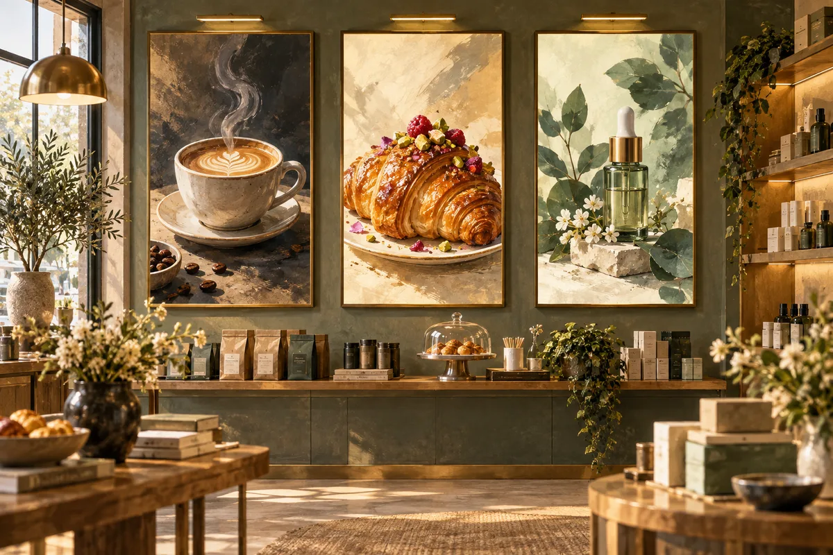 Three coordinated display panels show coffee, pastry and a botanical product