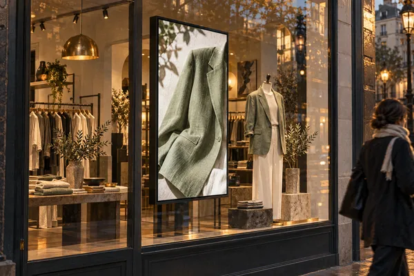 A boutique window display features a sage jacket beside the matching garment