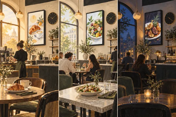 A cafe display changes with breakfast, lunch and evening service