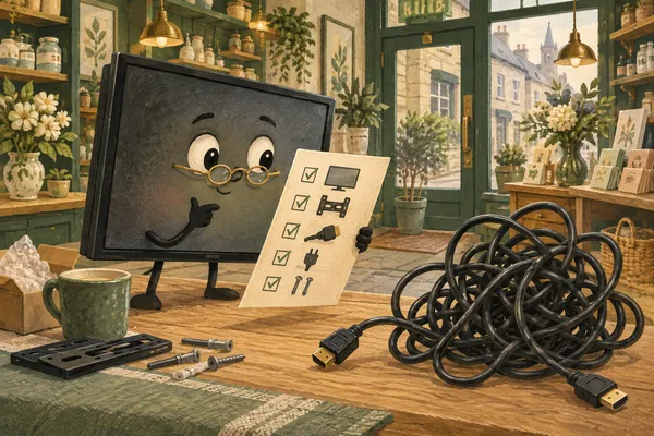 A friendly television character untangles the practical steps of a first signage installation