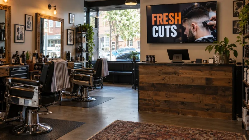 A neighborhood barbershop with a prominent digital promotion screen behind its reception counter
