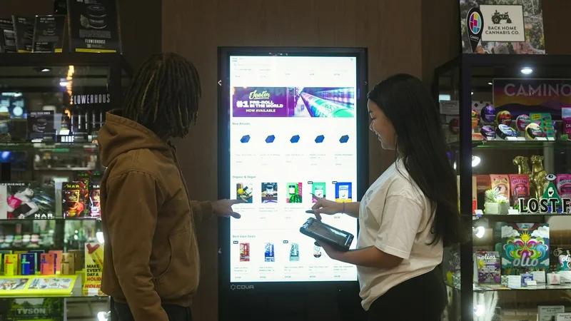 Two shoppers using a large portrait display in a real store